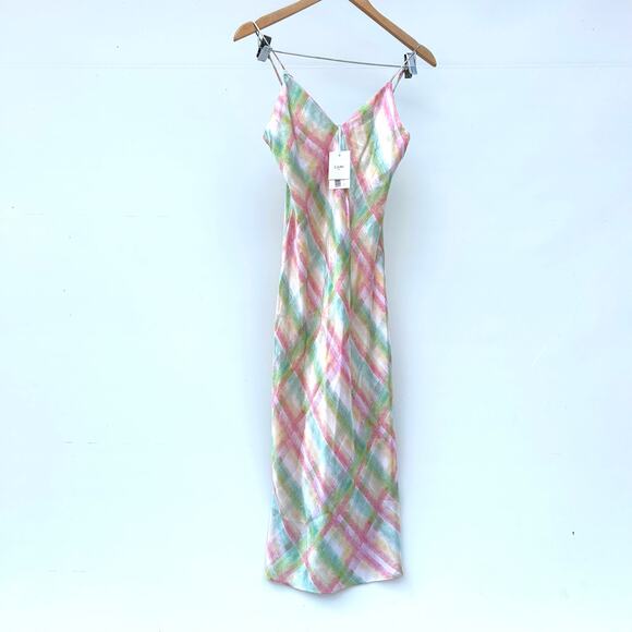 New Cami NYC Raven Midi Slip Dress Silk Charmeuse Rainbow Plaid XS Small - Picture 3 of 10
